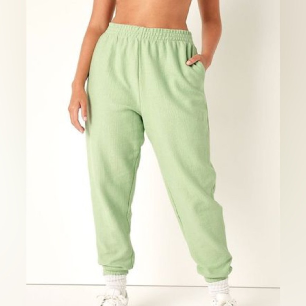 Green ribbed Fleece High Waist Jogger
